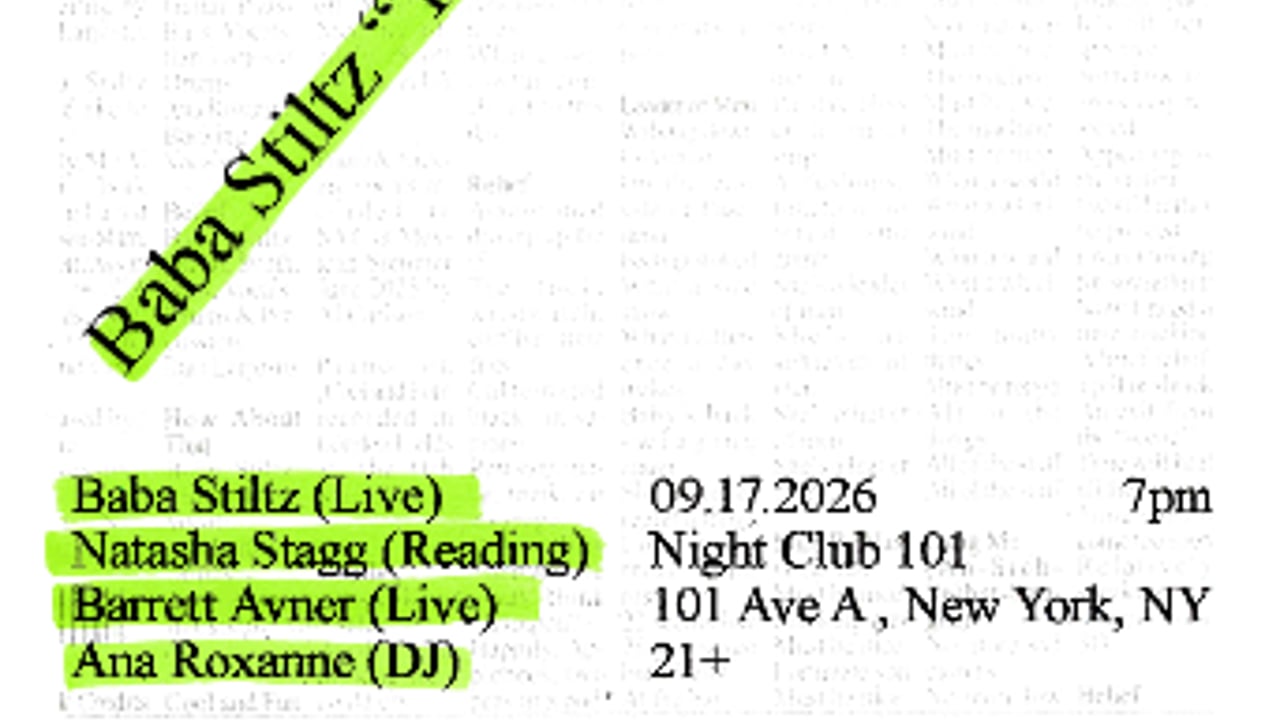 Baba Stiltz, Natasha Stagg (reading); Barrett Avner (live); Ana Roxanne (DJ)