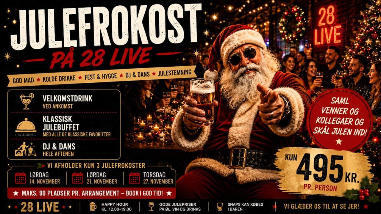 Julefrokost på 28 Live i Roskilde