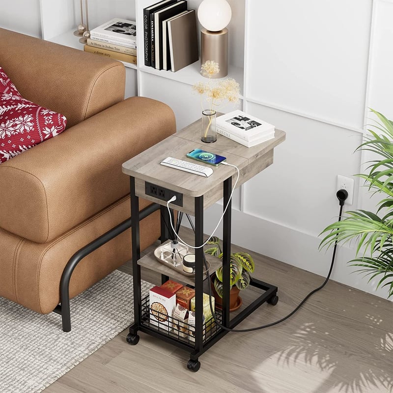 Sofa End Side Table W/Charging Station&Drawers&Wheels, 42 OFF