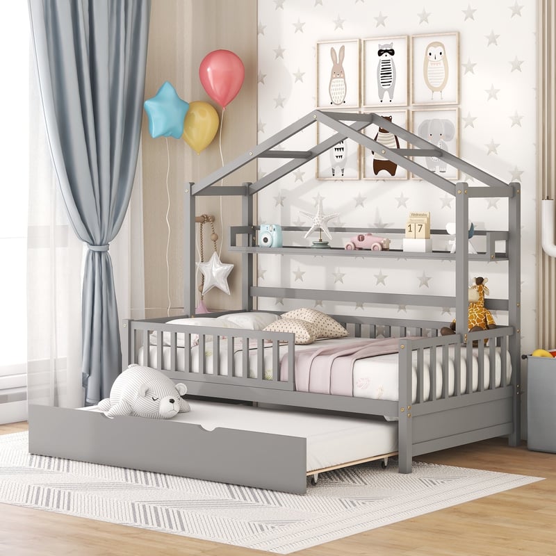 Wooden Twin Size House Bed Frame With Trundle For Kids With, 46 OFF